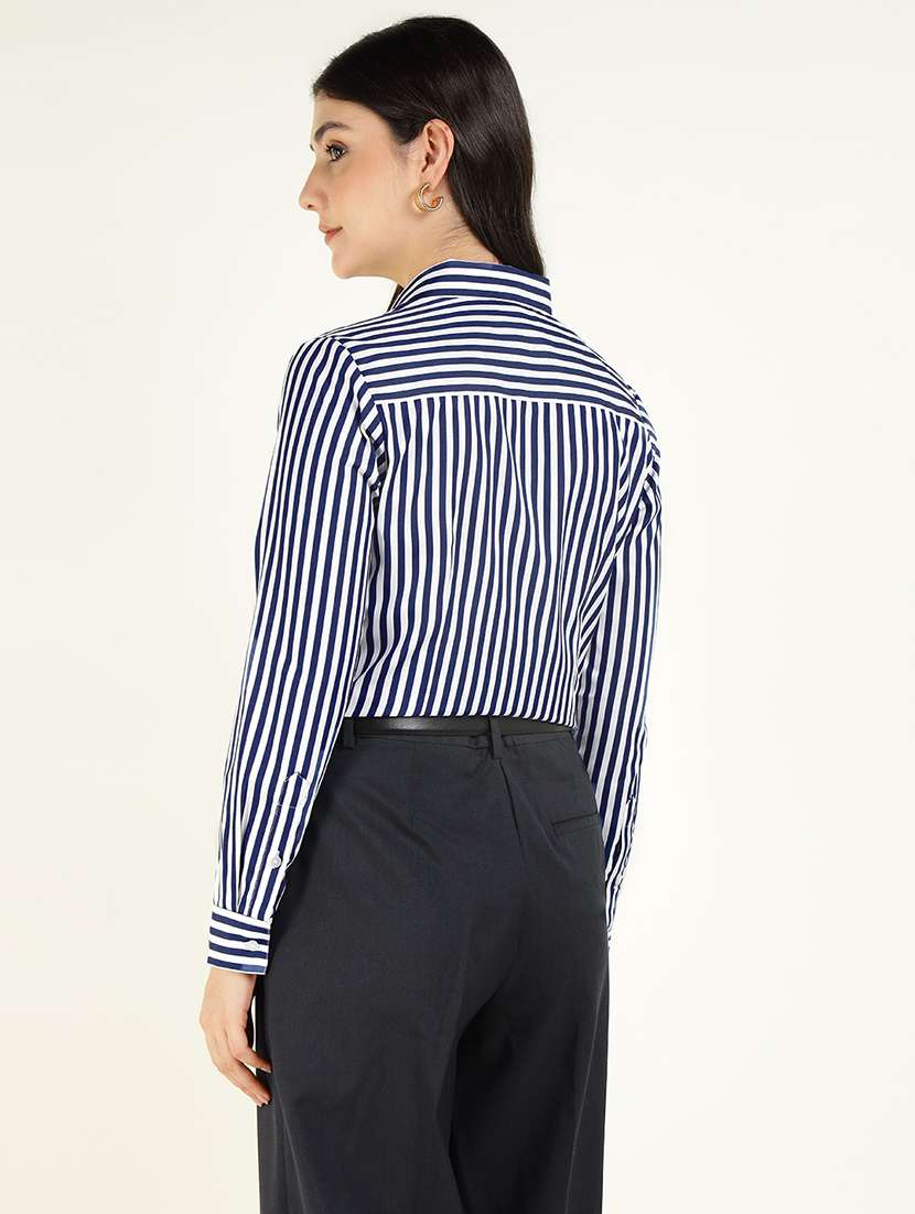 women striped collared long sleeve shirt - 22038431 -  Standard Image - 2
