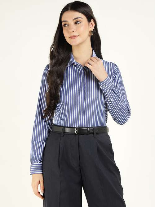 women striped collared long sleeve shirt - 22038432 - Standard Image - 0