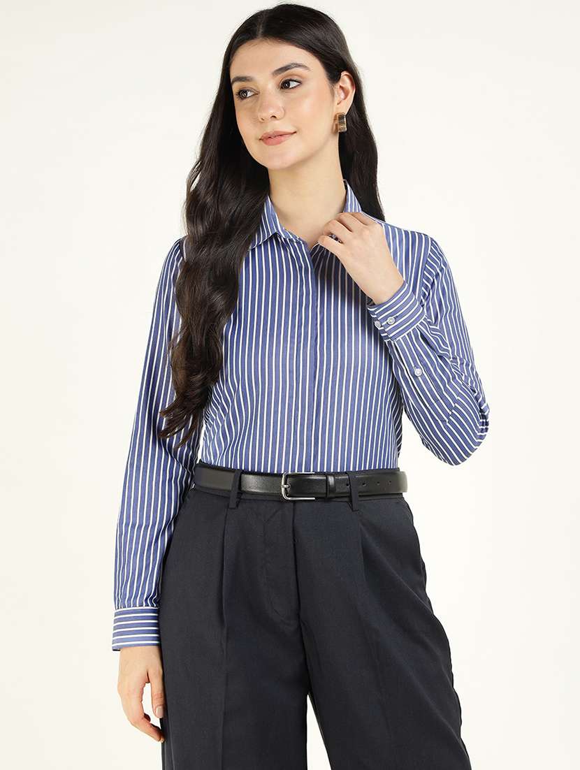 women striped collared long sleeve shirt - 22038432 - Zoom Image - 0