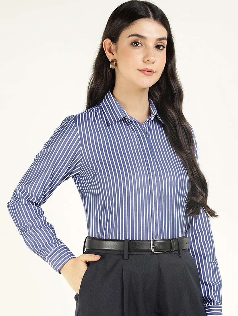 women striped collared long sleeve shirt - 22038432 - Standard Image - 2