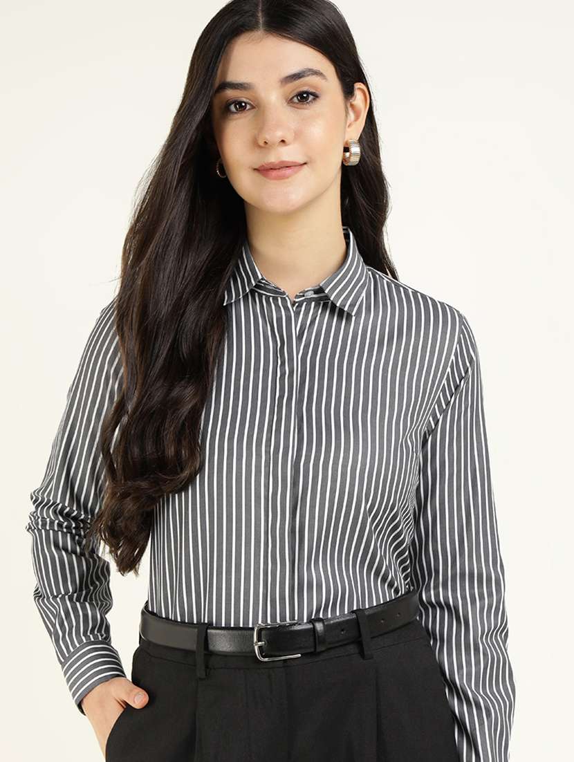 women striped collared long sleeve shirt