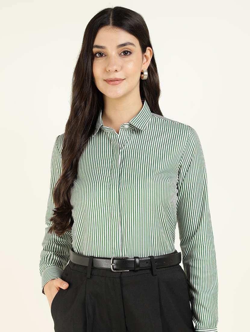 women striped collared long sleeve shirt