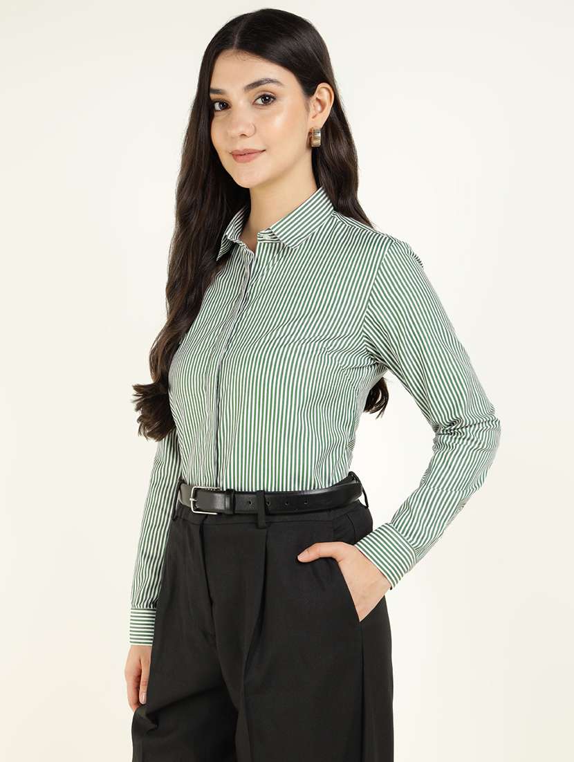 women striped collared long sleeve shirt - 22038436 -  Standard Image - 2