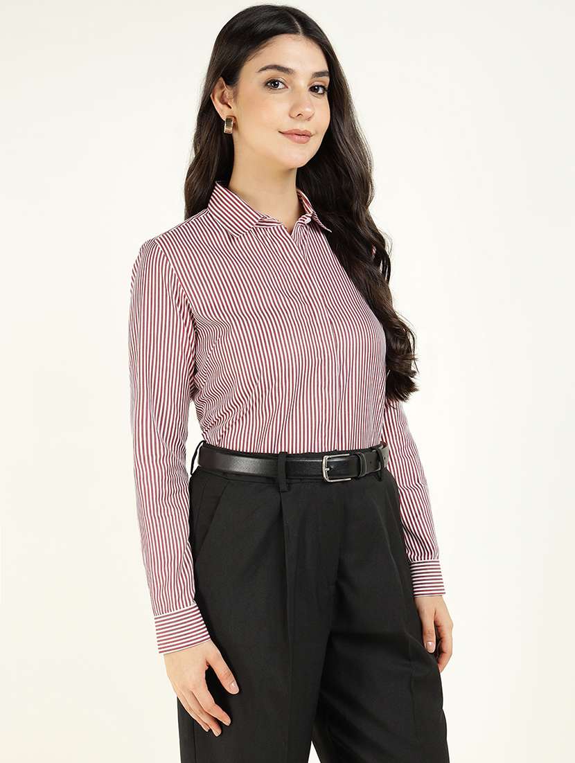 women striped collared long sleeve shirt - 22038437 -  Standard Image - 2