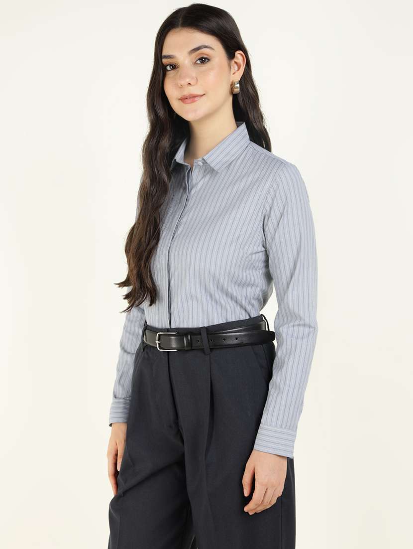 women striped collared long sleeve shirt - 22038438 -  Standard Image - 2
