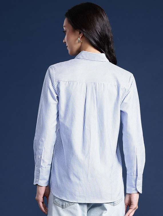 women striped collared long sleeve shirt - 22038442 - Standard Image - 2