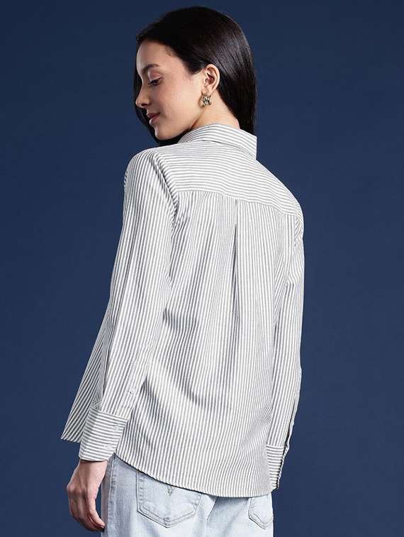 women striped collared long sleeve shirt - 22038445 - Standard Image - 2