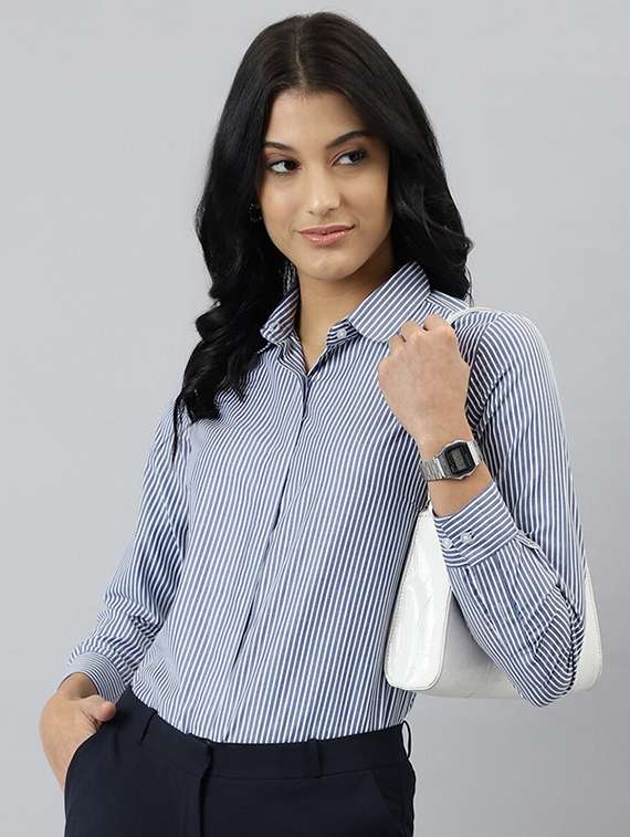 women striped collared long sleeve shirt - 22038449 -  Standard Image - 2