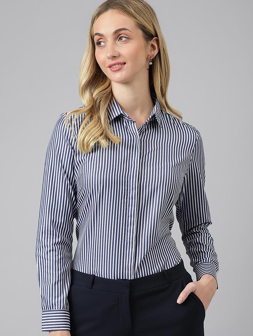 women striped collared long sleeve shirt - 22038452 -  Zoom Image - 0