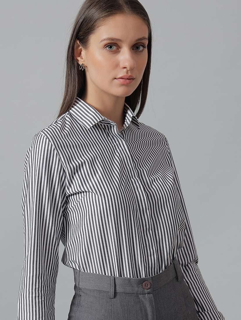 women striped collared long sleeve shirt - 22038458 -  Standard Image - 2