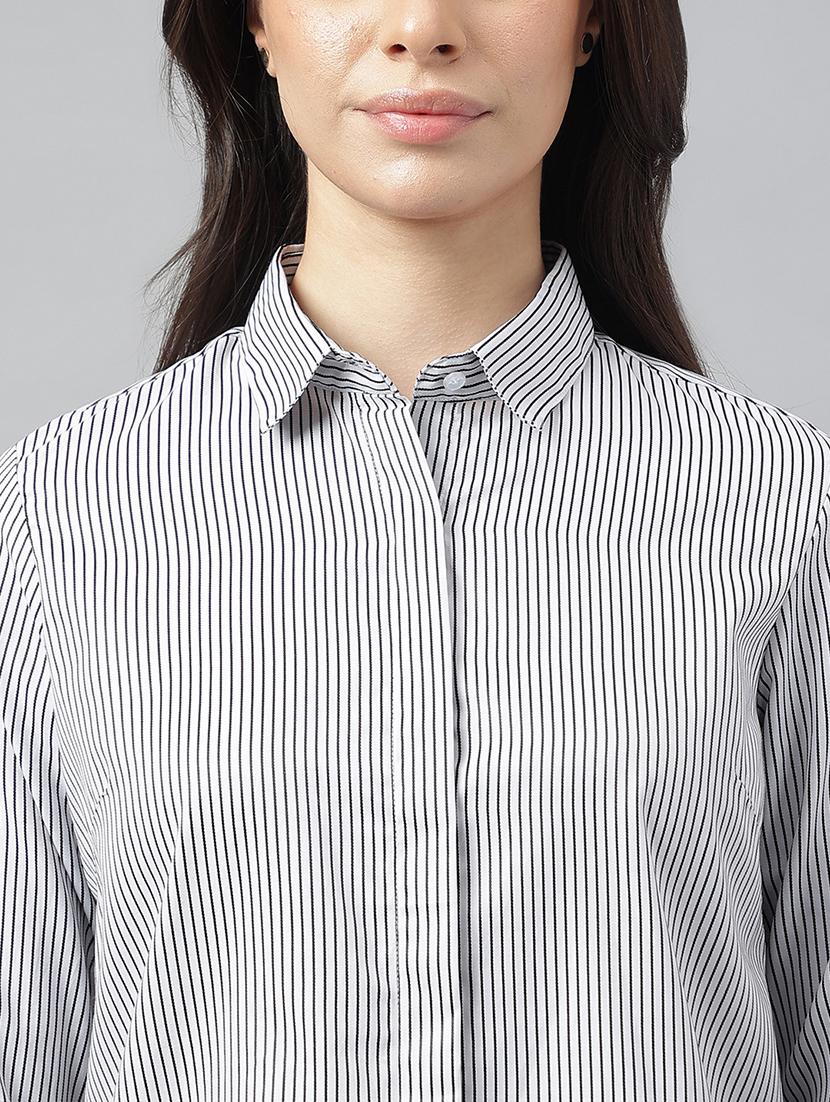 women striped collared long sleeve shirt - 22038463 - Standard Image - 2
