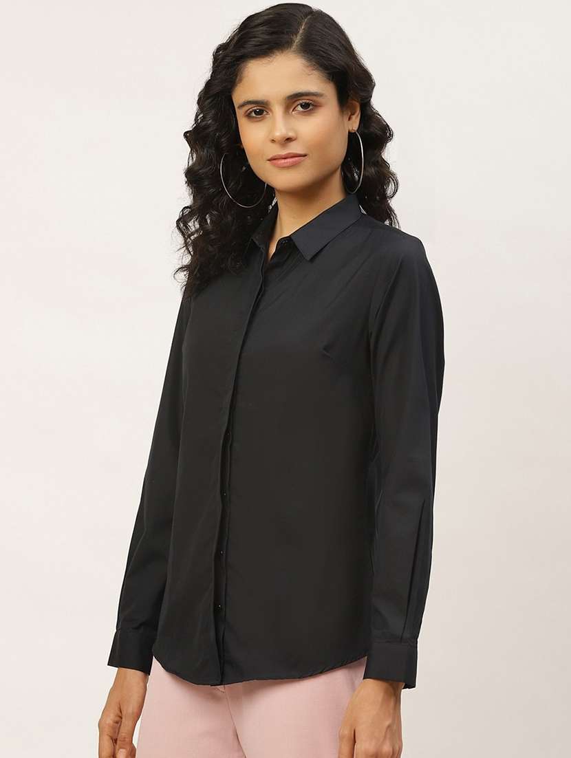 women solid collared long sleeve shirt