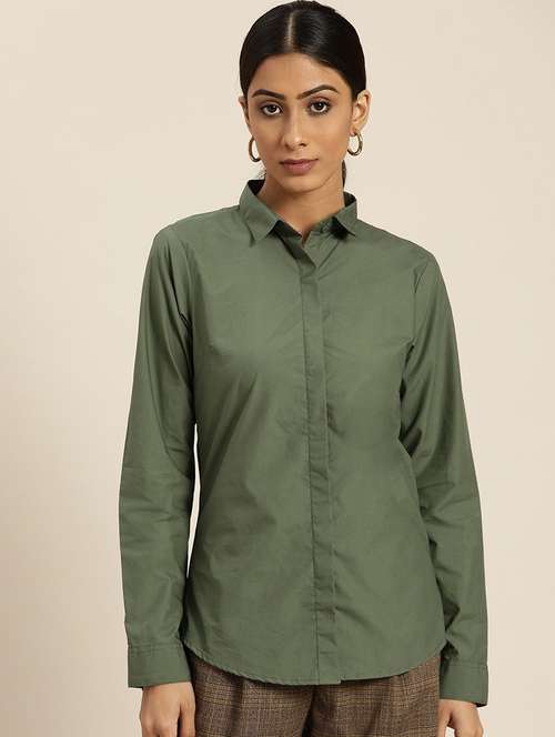 women solid collared long sleeve shirt - 22038474 -  Standard Image - 0