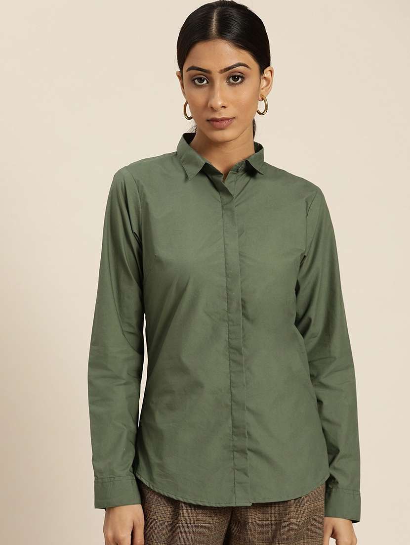 women solid collared long sleeve shirt