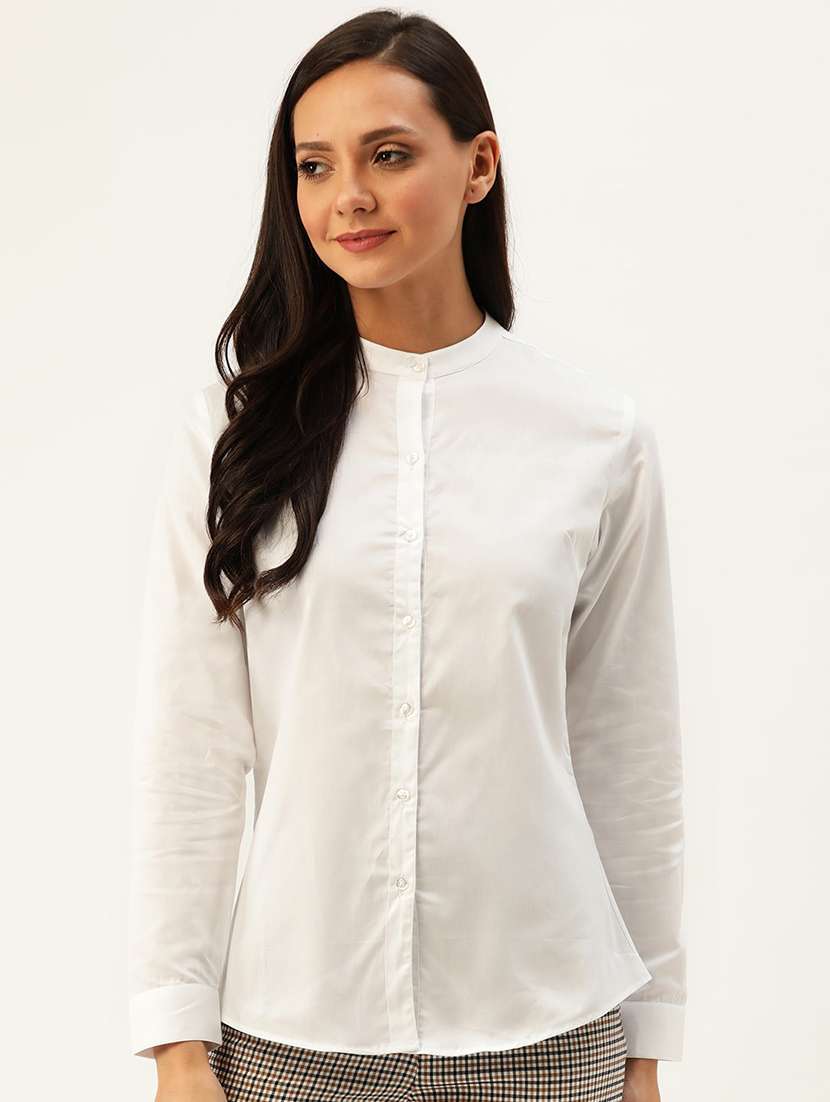 women solid mandarin collar long sleeve shirt