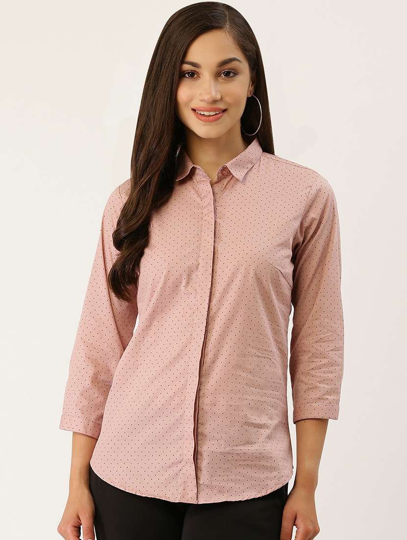 women polka doted collared three quarter sleeve shirt