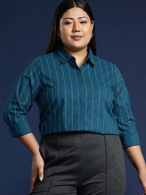 women plus size striped collared long sleeve shirt - 22038488 -  Standard Image - 0