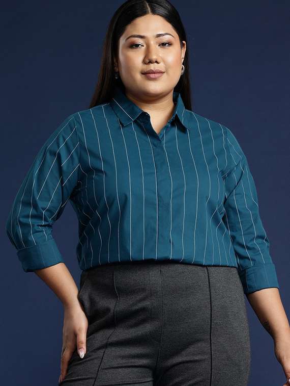 women plus size striped collared long sleeve shirt - 22038488 -  Zoom Image - 0