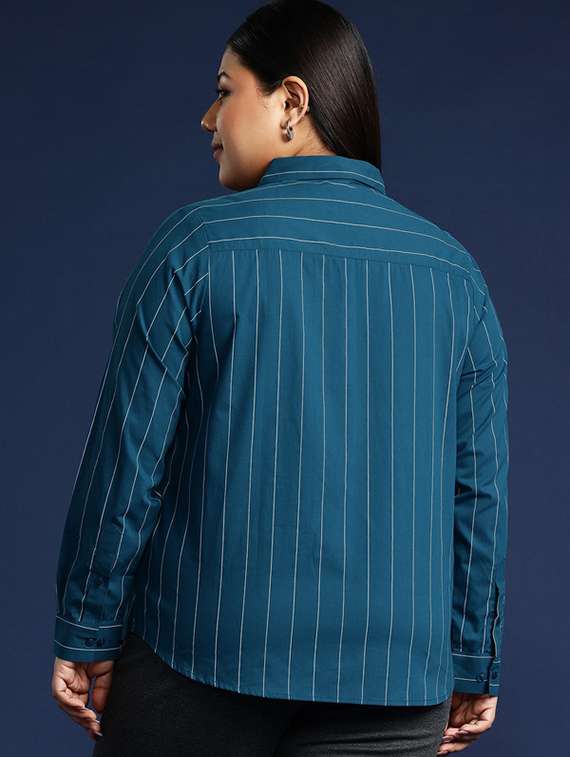 women plus size striped collared long sleeve shirt - 22038488 - Standard Image - 2