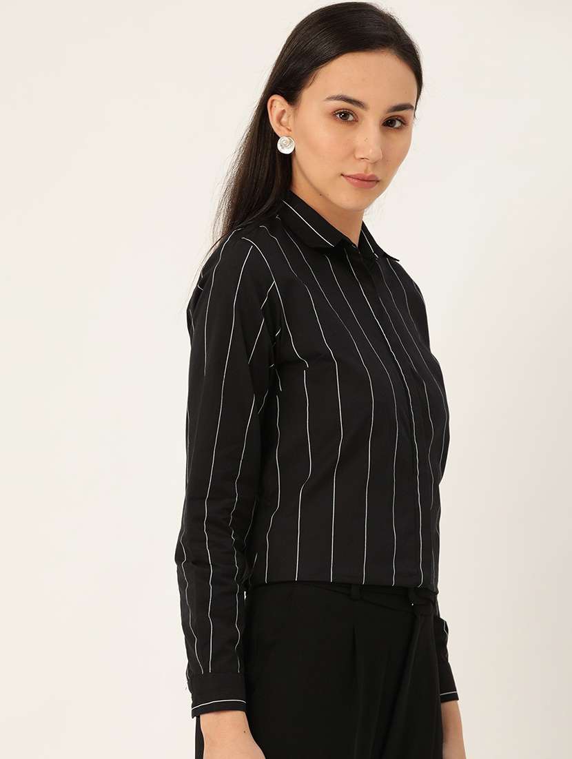 women striped collared long sleeve shirt