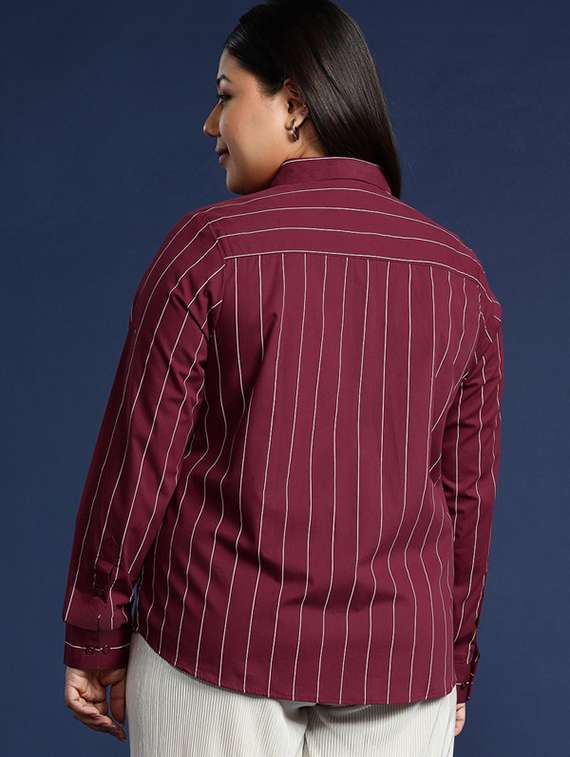 women plus size striped collared long sleeve shirt - 22038499 - Standard Image - 2
