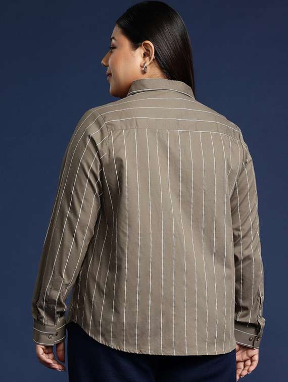women plus size striped collared long sleeve shirt - 22038504 -  Standard Image - 2