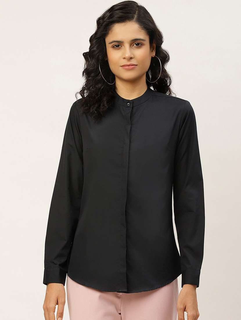 women solid mandarin collared long sleeve shirt
