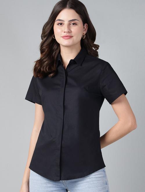 women solid collared short sleeve shirt - 22038516 - Standard Image - 0