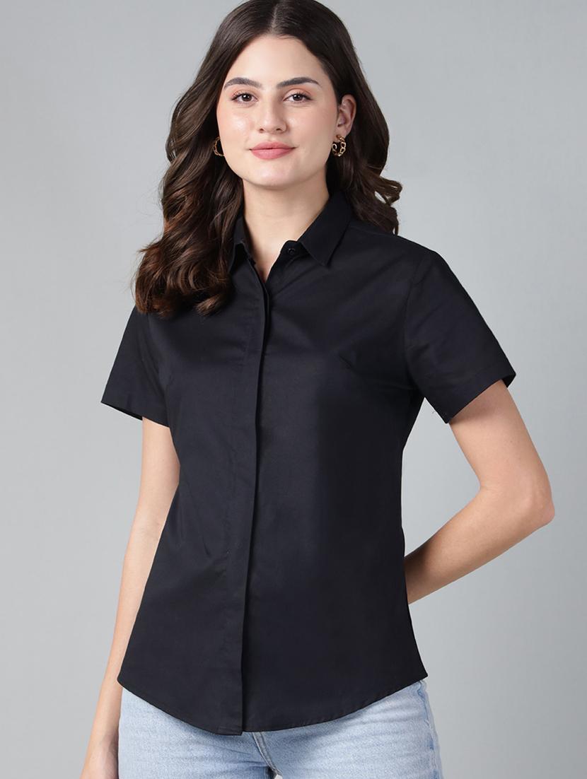 women solid collared short sleeve shirt - 22038516 - Zoom Image - 0