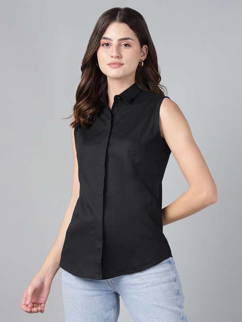 women solid collared sleeveless shirt - 22038521 -  Standard Image - 0