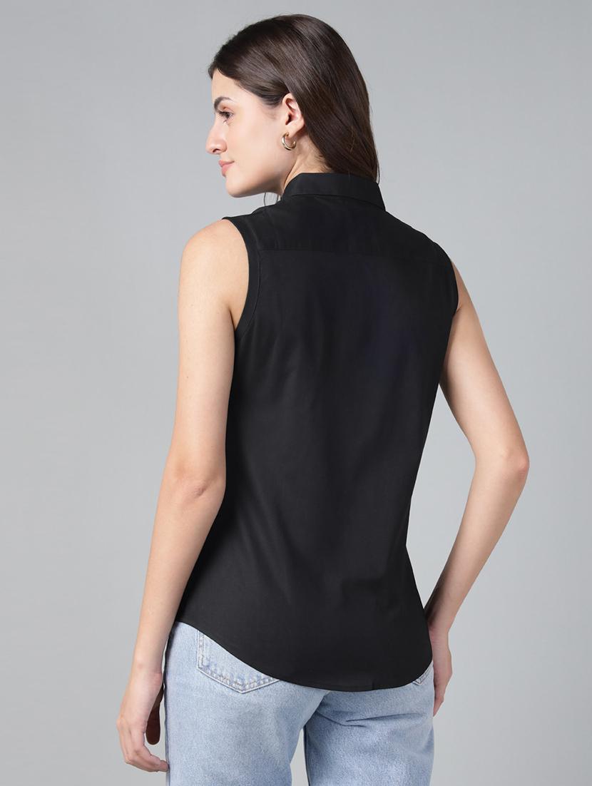 women solid collared sleeveless shirt - 22038521 - Standard Image - 2