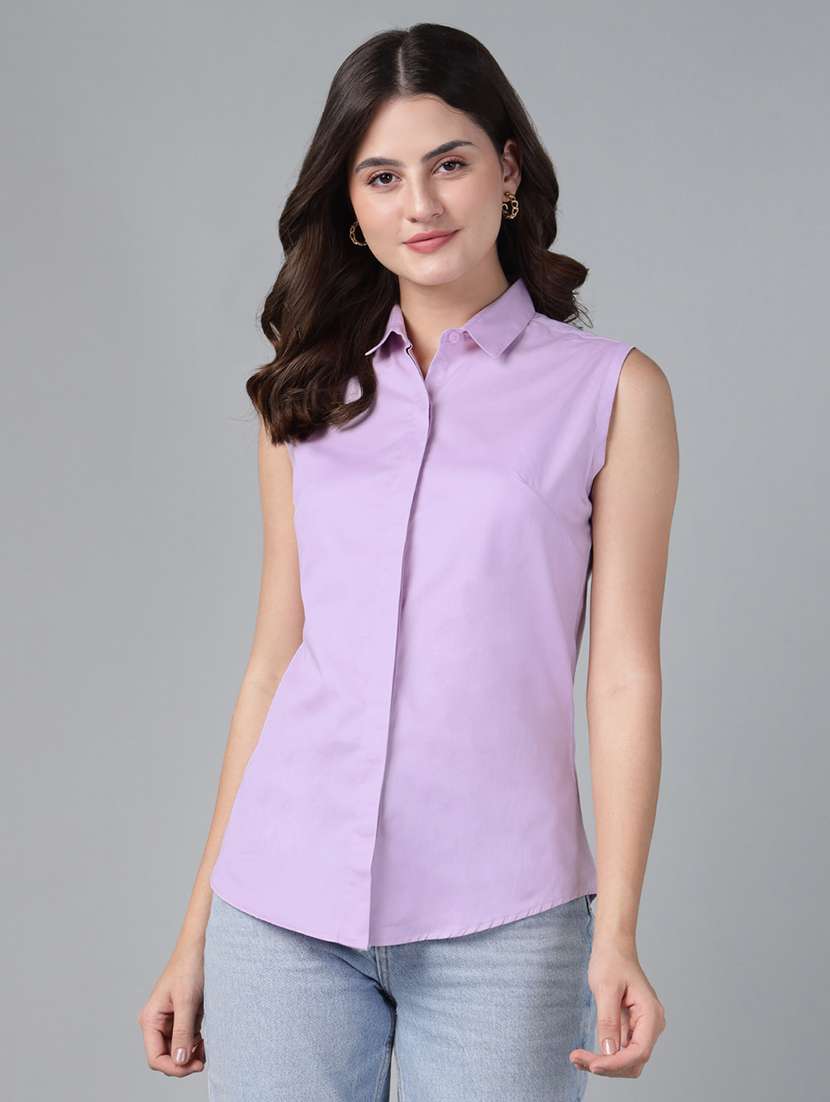 women solid collared sleeveless shirt - 22038525 -  Zoom Image - 0