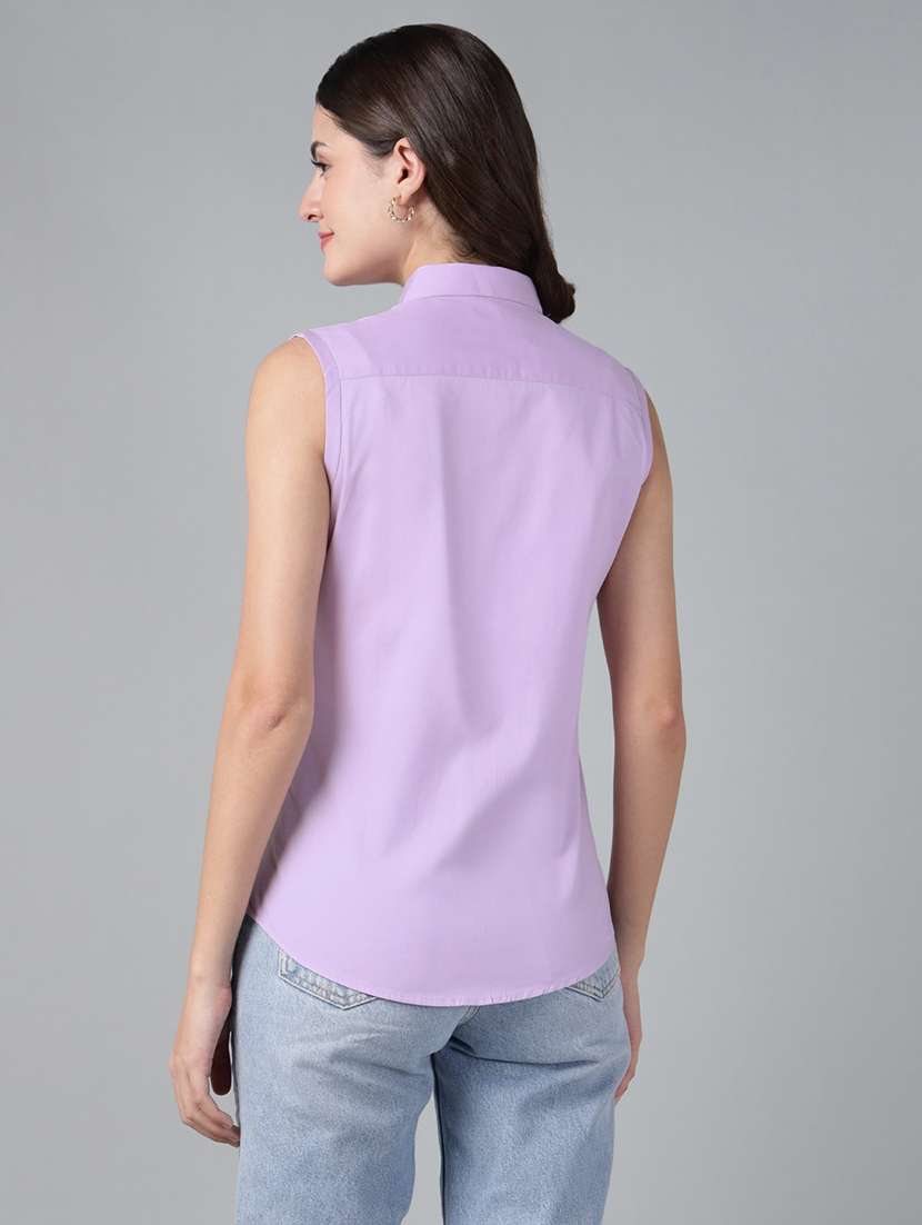 women solid collared sleeveless shirt - 22038525 - Standard Image - 2