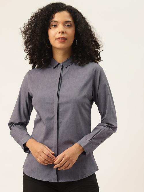 women solid collared long sleeve shirt - 22038527 - Standard Image - 0