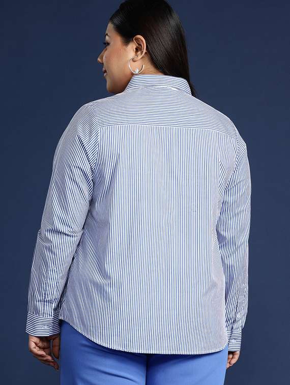 women plus size striped collared long sleeve shirt - 22038533 - Standard Image - 2