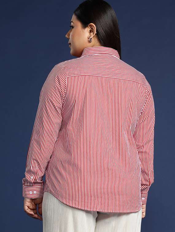 women plus size striped collared long sleeve shirt - 22038535 -  Standard Image - 2