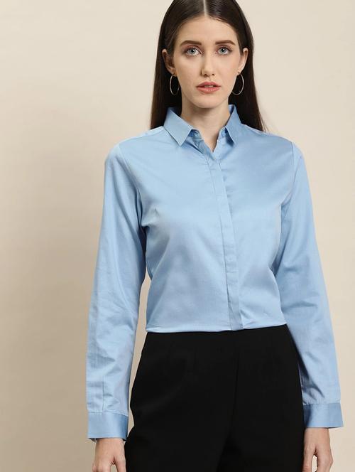 women solid collared long sleeve shirt - 22038538 - Standard Image - 0