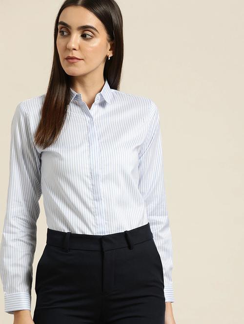 women striped collared long sleeve shirt - 22038544 -  Standard Image - 0