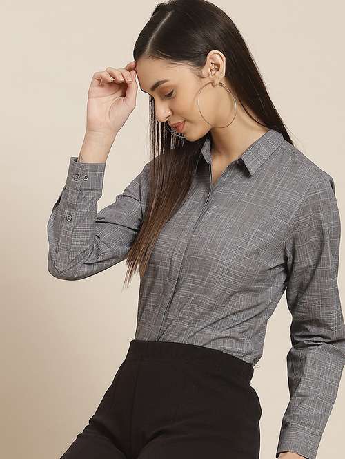 women solid collared long sleeve shirt - 22038545 - Standard Image - 0