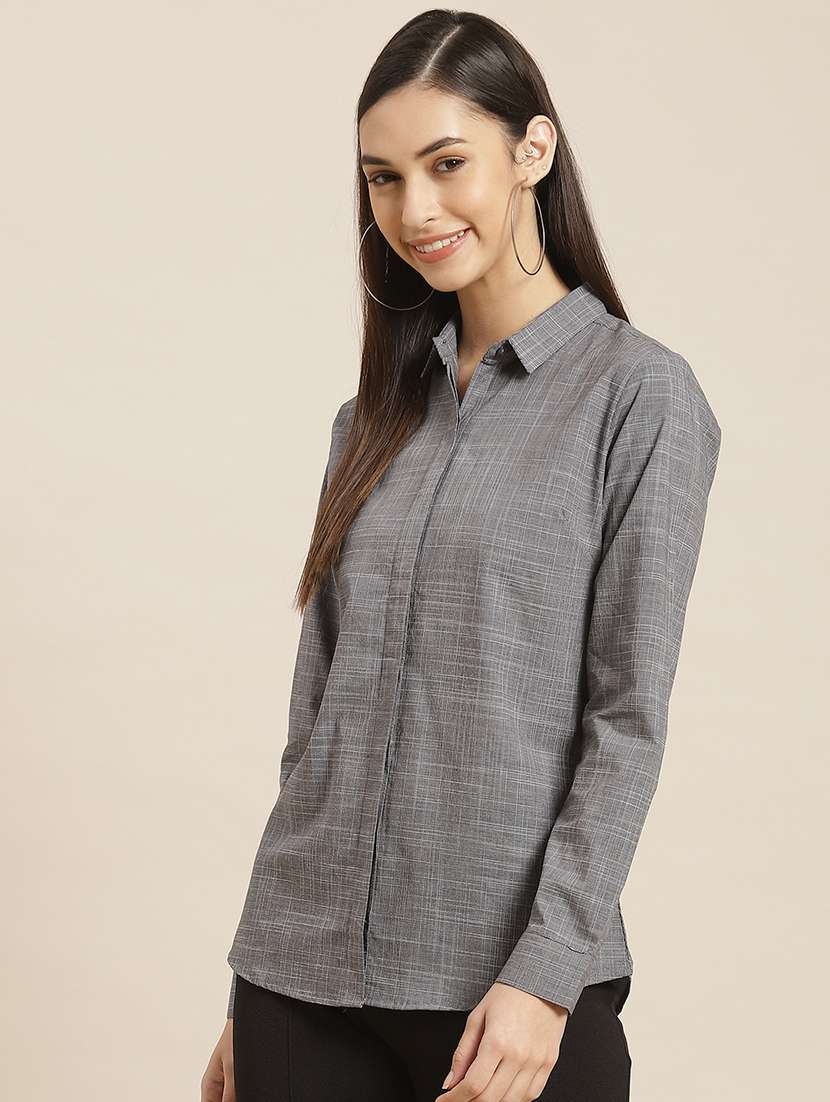 women solid collared long sleeve shirt - 22038545 - Standard Image - 2