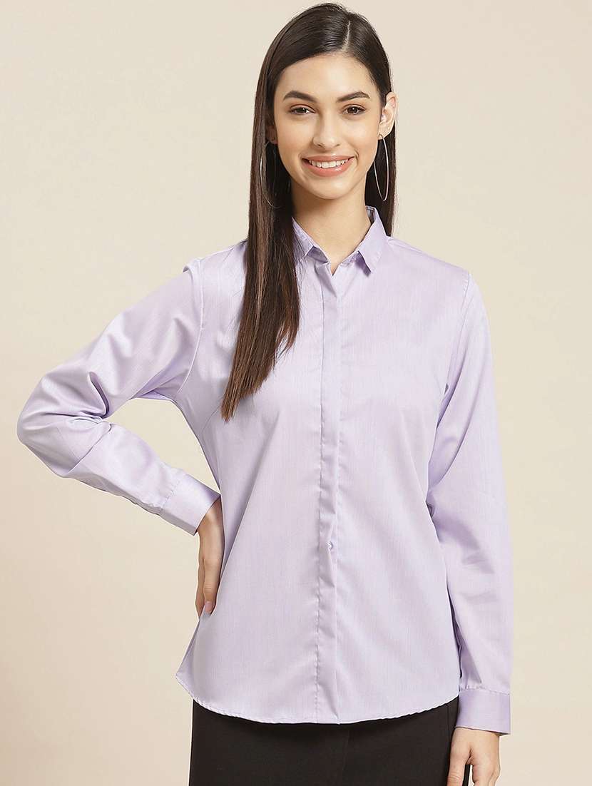 women solid collared long sleeve shirt - 22038546 -  Standard Image - 2