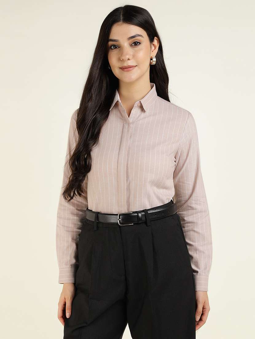 women striped collared long sleeve shirt