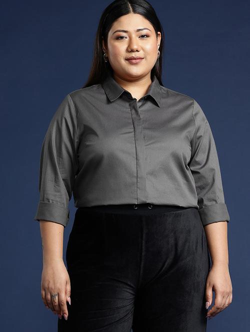 women plus size solid collared long sleeve shirt - 22038551 - Standard Image - 0