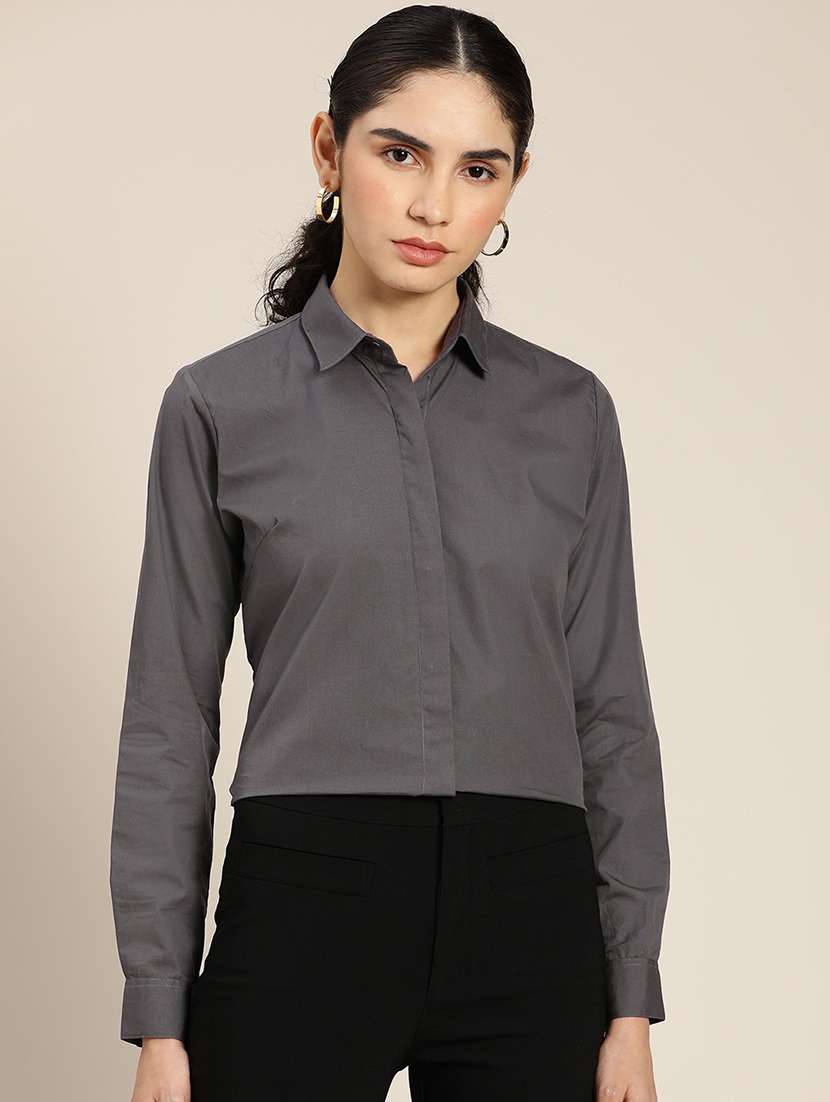 women solid collared long sleeve shirt