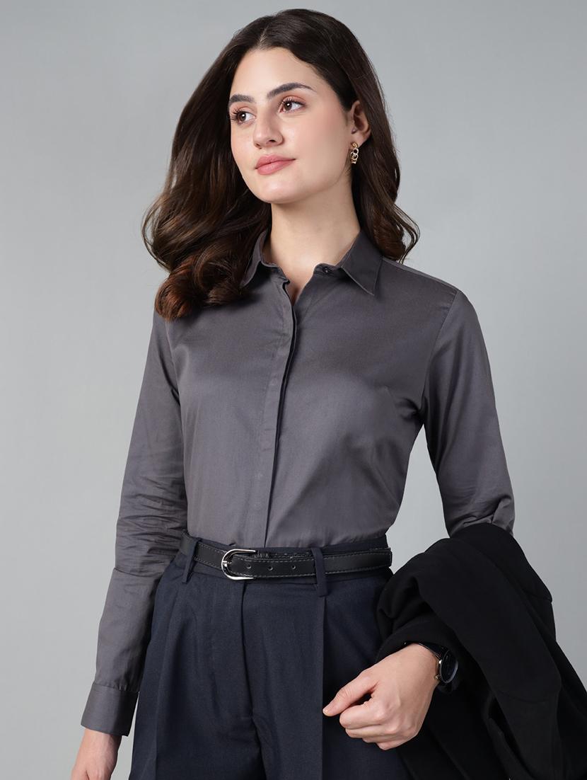 women solid collared long sleeve shirt - 22038555 - Zoom Image - 0