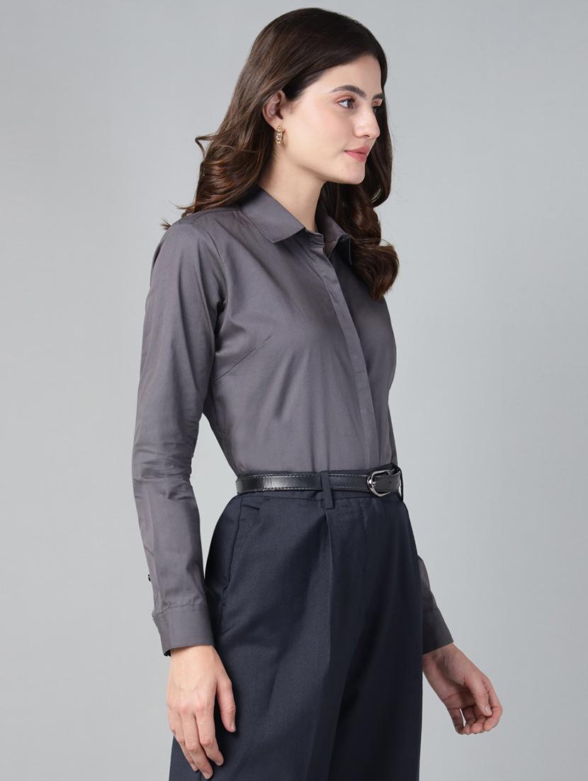 women solid collared long sleeve shirt - 22038555 - Standard Image - 2
