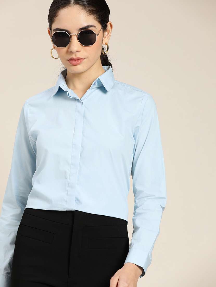 women solid collared long sleeve shirt