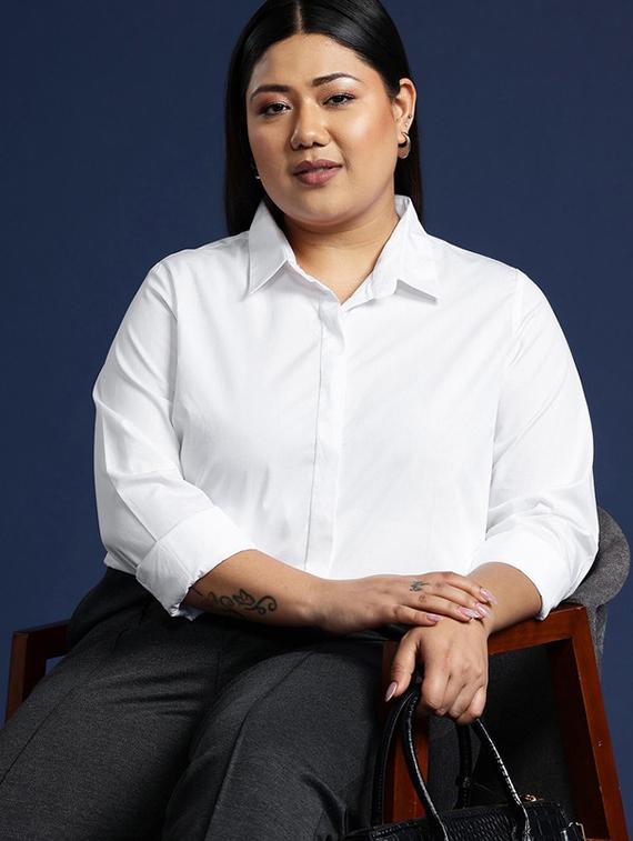 women plus size solid collared long sleeve shirt - 22038563 -  Zoom Image - 0