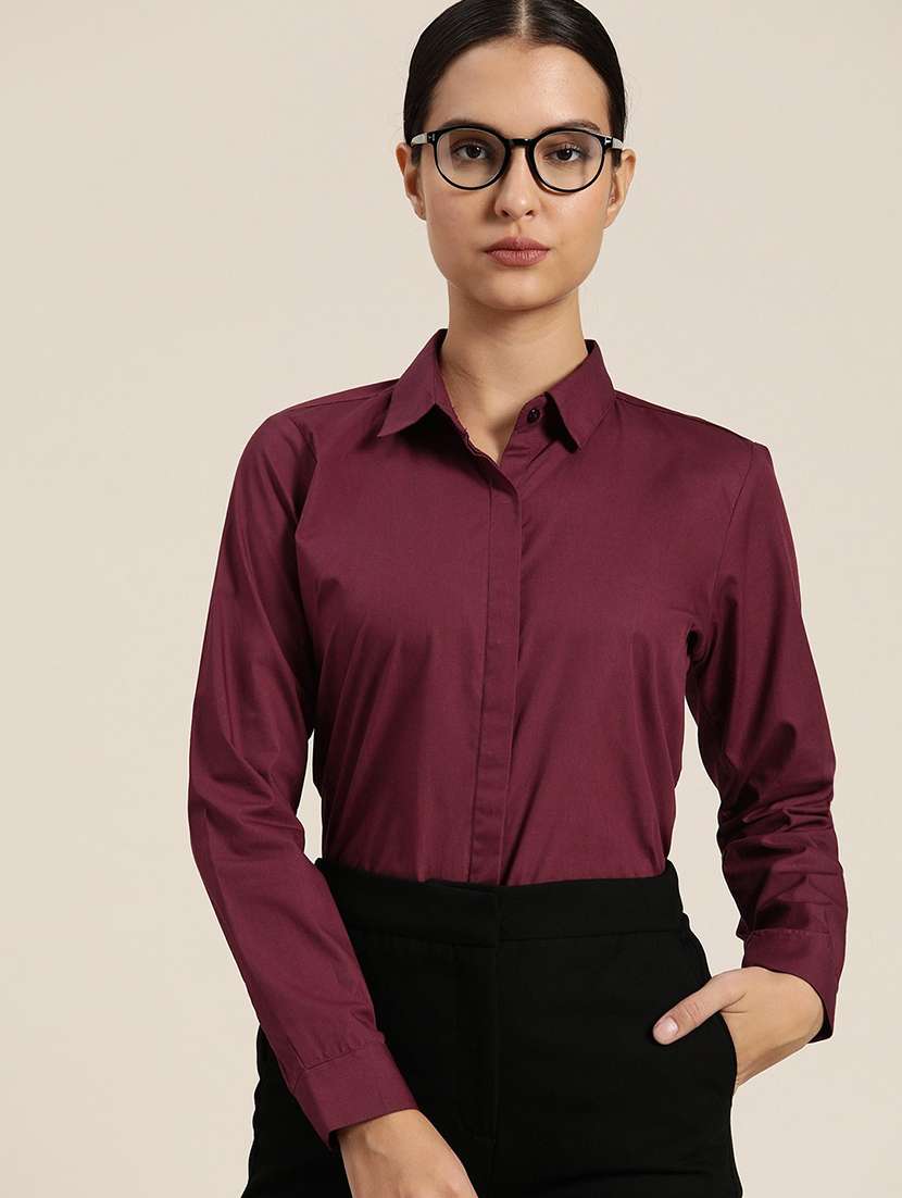 women solid collared long sleeve shirt