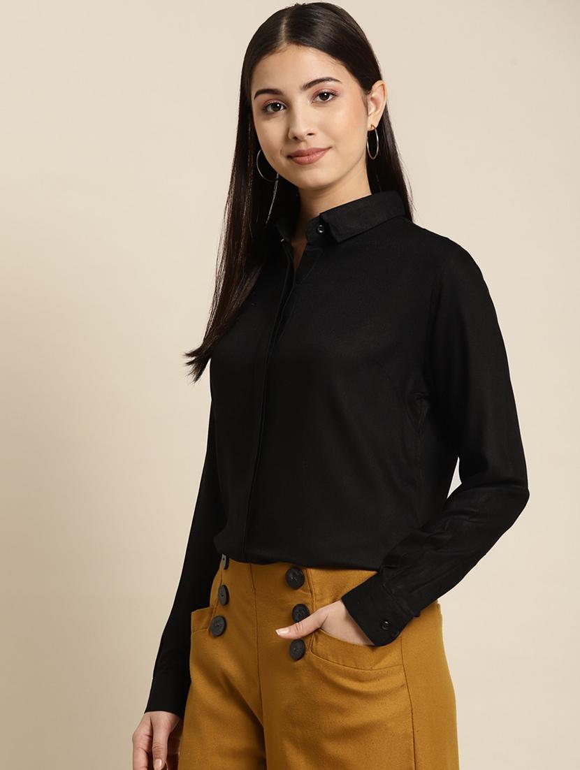 women solid collared long sleeve shirt - 22038572 - Standard Image - 2